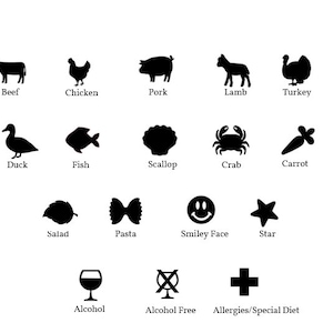May include: Black and white icons representing various food and drink options, including beef, chicken, pork, lamb, turkey, rabbit, duck, fish, scallop, crab, carrot, mushroom, salad, pasta, smiley face, star, alcohol, alcohol free, and allergies/special diet.