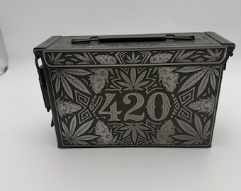 Custom 420 Ammo Can Stash Box, Engraved Weed Leaf Metal Storage Case, Cannabis Gift For Him, Smell Proof Lockable Container, .30 cal