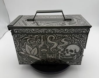Custom Skull Whiskey Ammo Can, Engraved Cigar And Bourbon Metal Storage Box, Gothic Man Cave Decor Gift For Him, .50 cal