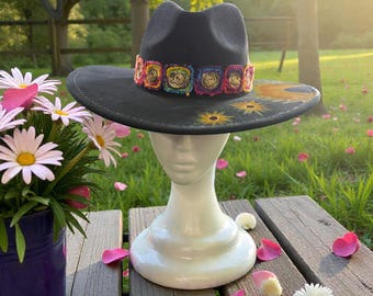 Custom Burnt & Hand-Painted Sunflower on a Black Vegan Suede Wide Brim Cowboy Hat.