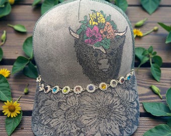 Highland Cow hand burnt & hand painter baseball hat