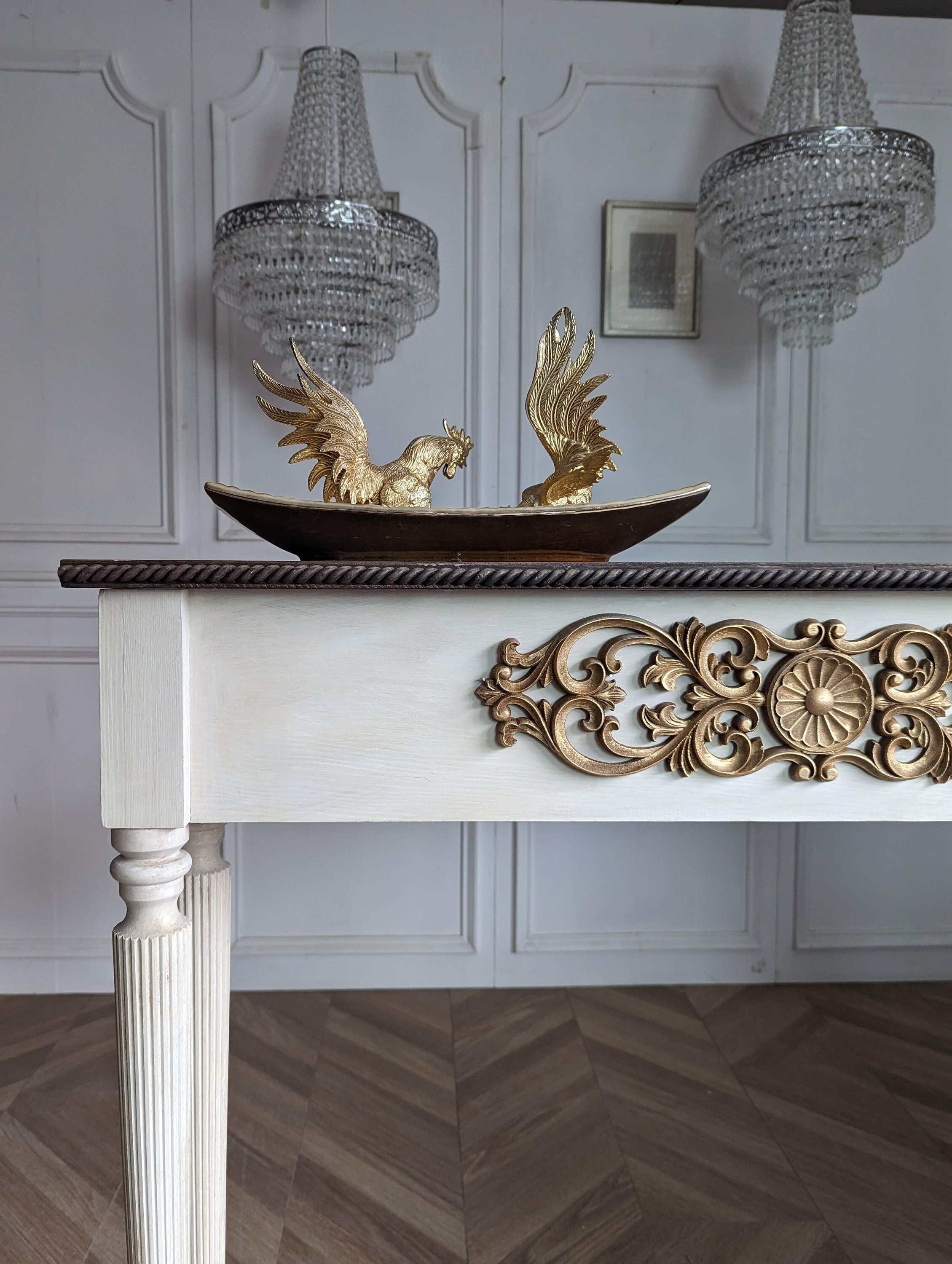 French Style Carved Wooden Console Table White Distress Finish