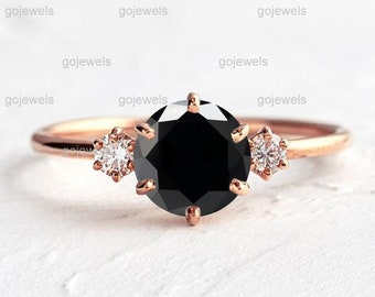 Black Spinel Engagement Ring, 14k Gold Ring, Spinel Moissainte Ring, 3 Stone Ring, Black Stone Ring, Wedding Ring For Women, Promise Ring