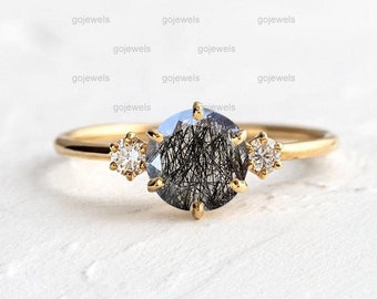 Black Rutile Engagement Ring, 14k Gold Ring, Rutile Moissainte Ring, 3 Stone Ring, Black Quartz Ring, Wedding Ring For Women, Promise Ring