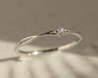 Delicate 14K Gold Moissanite Small Engagement Ring, Dainty Promise Ring, Minimalist Solitaire Ring, Silver Stacking Ring, Birthday Gift