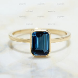 Emerald Cut London Blue Topaz Engagement Ring, 14k Solid Gold Ring, Bezel Emerald London Blue Topaz Ring, Topaz Solitaire Ring, Promise Ring