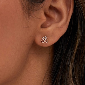 OM Studs, 14K Rose Gold Moissanite Om Studs Earrings, Minimal Diamond Studs Tiny Om Studs Birthday Gift Silver Om Earrings Ohm Stud Earrings