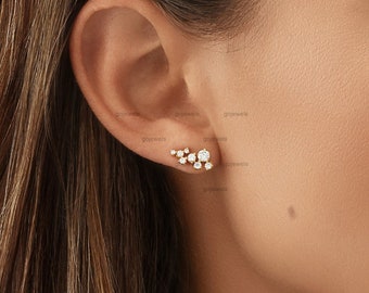 Moissanite Cluster Studs, 14k Gold Cluster Earrings, Art Deco Studs Earrings, Multi Diamond Studs, Handmade Fine Thanks Giving Jewelry Gift