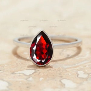Red Garnet Engagement Ring, 14k White Gold Garnet Ring, Natural Red Gemstone Ring, Bezel Set Ring, Pear Shaped Garnet Ring, Anniversary Ring