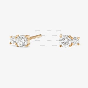 Moissanite Two Stone Stud Earrings, 14k Gold Double Diamond Earring, Stacked Earring, Moissanite Jewelry, Delicate Studs Earring For Women