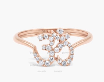 OM Ring, 14k Gold Moissanite OM Ring - OM Diamond Ring In Rose Gold, Om Ohm Moissanite Ring - Om Diamond Wedding Ring - Gold Diamond Om Ring
