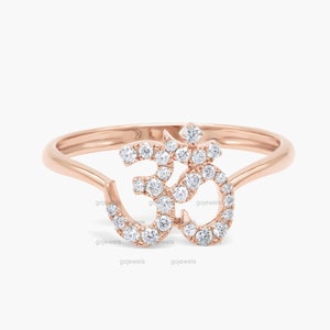 OM Ring, 14k Gold Moissanite OM Ring - OM Diamond Ring In Rose Gold, Om Ohm Moissanite Ring - Om Diamond Wedding Ring - Gold Diamond Om Ring
