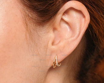Stack Pave Webbed Hoop, 14K Gold Moissanite Studs, Dainty V Shape Design Half Haggie Hoop Stud Earrings Minimalist Fine Jewelry Gift For Her