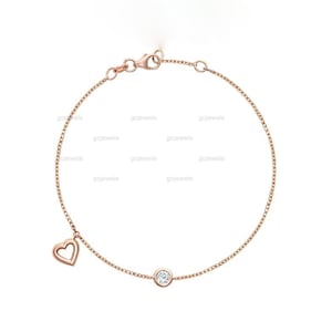 Solitaire Moissanite Bracelet With Heart Charm, Rose Gold Love Bracelet, Delicate Diamond Adjustable Bracelet, Girlfriend Gift, Fine Jewelry