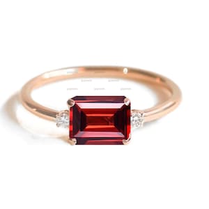 14k Gold Garnet And Moissanite Ring, Emerald Cut Red Garnet Ring, Twin Diamond Garnet Ring, East West Engagement Ring, Promise Ring for Her