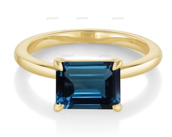East-West Emerald Cut London Blue Topaz Anniversary Ring, 14k Solid Gold Ring, Topaz Wedding Ring, Solitaire Rings, East West Rings For Her