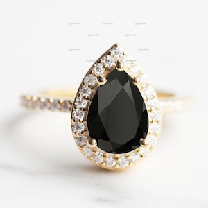 Pear Cut Black Spinel Engagement Ring, 14k Gold Black Spinel Ring, Halo Engagement Ring, Black Stone Ring, Black Wedding Ring, Promise Ring