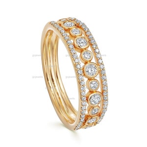 Triple Icon Moissanite Ring, 14k Gold Engagement Ring, Half Eternity Anniversary Ring, Triple Row Moissanite Ring, Thick Stacking Band-Rings