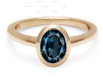 Bezel Oval Cut London Blue Topaz Ring, 14k Solid Gold Ring, Blue Topaz Wedding Ring, Solitaire Ring, Topaz Anniversary Ring, Oval Bezel Ring