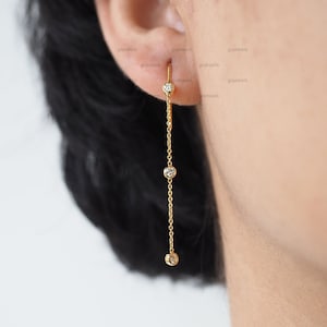 Moissanite Drop Earrings, Dainty Gold Chain Earrings, Diamond Dangle Earrings, Ear Wire Earrings, Stacked Earring, 3 Bezel Diamond Earrings
