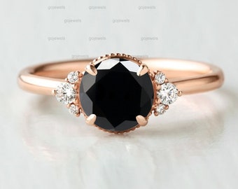 Black Spinel Cluster Ring, 14k Rose Gold Ring, Round Black Spinel-Moissanite Ring, Black Spinel Engagement Ring, Proposal Ring Birthday Gift