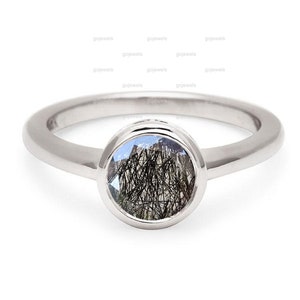 Bezel Set Round Black Rutile Ring, Black Rutile Quartz Anniversary Ring, 14k White Gold Ring, Solitaire Ring, Proposal Ring, Birthday Gift