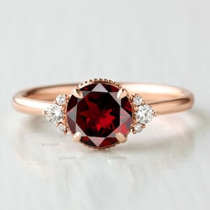Garnet Engagement Ring, Rose Gold Garnet Moissanite Ring, Round Shape Natural Red Garnet Engagement Ring, 7 Stone Ring, Cluster Promise Ring