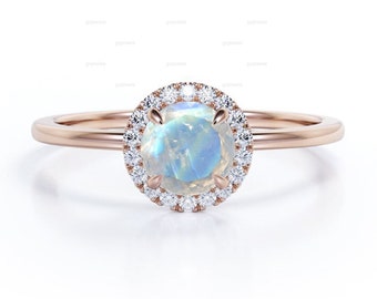 Classic Round Moonstone Engagement Ring In 14k Rose Gold, Diamond Halo Engagement Ring, Rainbow Moonstone Wedding Ring Promise-Proposal Ring