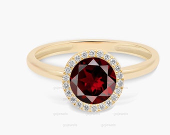 Natural Garnet Ring, 14k Gold Garnet Ring, Round Shaped Red Garnet Engagement Ring With Diamond Halo, Halo Red Garnet & Diamond Wedding Ring