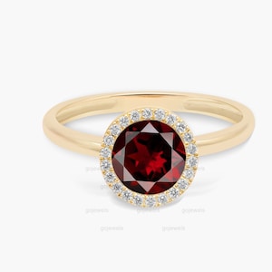 Natural Garnet Ring, 14k Gold Garnet Ring, Round Shaped Red Garnet Engagement Ring With Diamond Halo, Halo Red Garnet & Diamond Wedding Ring