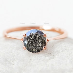 Solitaire Black Rutile Quartz Ring, 14k Gold Black Rutile Wedding Ring, Dainty Round Stone Ring, Pinch Gold Band, Every Day Ring For Women
