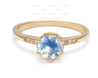 Delicate Moon Stone Engagement Ring, Rainbow Moonstone Ring in 14k Gold, Elegant Moissanite Wedding Ring, Statement Ring, Anniversary Ring