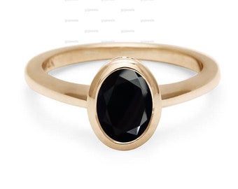 Bezel Black Spinel Ring, Oval Cut Black Spinel Wedding Ring, 14k Solid Gold Spinel Ring, Black Oval Cut Stone Ring, Bezel Ring, Gift For Her