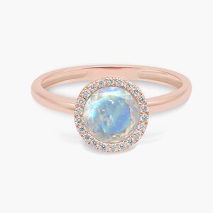 Halo Diamond & Moonstone Engagement Ring, 14k Rose Gold Ring, Diamond Halo Engagement Ring, Rainbow Moonstone Wedding Ring, Anniversary Ring