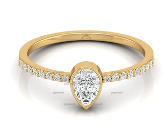 Moissanite Engagement Ring, 14K Gold Half Eternity Bezel Set Ring, Pear Shaped Ring, Anniversary Gift Minimalist Silver Diamond Wedding Ring