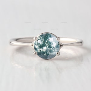 14k White Gold Green Moss Agate Ring, Solitaire Round Moss Agate With Pinch Gold Band, Dainty Anniversary-Promise Gift, Women Birthday Gift