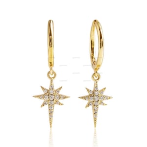 Moissanite Starburst Huggie Earrings, Gold Huggie Hoop Charm Earrings, Minimalist Star Huggie Hoops, Celestial Earrings, Dangle Star Earring