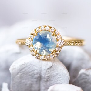 Halo Moonstone Engagement Ring, 14k Gold Wedding Ring, Halo Moissanite Ring, Half Eternity Ring, Anniversary Gift For Her, Halo Promise Ring