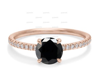 Black Spinel Engagement Ring, 14k Rose Gold Ring, Black Spinel Ring, Round Black Stone Ring, Black Wedding Ring, Eternity Moissanite Ring
