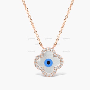Clover Evil Eye Necklace, 14k Gold Moissanite Evil Eye Necklace, Minimal Diamond Evil Eye Necklace, Minimalist Necklace, Anniversary Gift