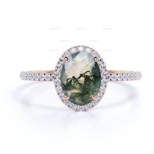 Oval Cut Moss Agate Engagement Ring in Rose Gold, Halo Moissanite Ring, Green Stone Wedding Ring, Half Eternity Ring, Green Engagement Ring