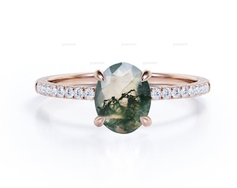 Oval Moss Agate Engagement Ring In Rose Gold, Green Agate Ring, Half Eternity Moissanite Ring, Classic Green Engagement Ring, Promise Ring