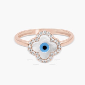 Evil Eye Klee Ring, 14k Gold Moissanit Evil Eye Ring, Stapel Halo Diamant Auge Ring, Zierlicher Klee Ring Minimal Damen Schmuck
