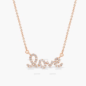 Minimalist Rose Gold Diamond Necklace, Diamond Love Pendant Necklace, Diamond Love Script Necklace, Anniversary-Valentines Day Gift for Her