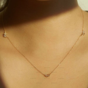 Minimalist Moissanite Necklace for Women, 14k Gold Wedding Necklace, Delicate Three Stone Station Necklace, Diamond by the Yard Necklace