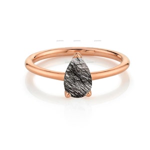 Solitaire Pear Cut Black Rutile Ring, Black Rutile Quartz Ring, 14k Rose Gold Ring, Black Rutilated Promise Ring, Dainty Ring, Girl&#39;s Ring