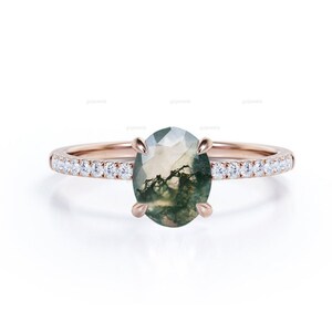 Oval Moss Agate Engagement Ring In Rose Gold, Green Agate Ring, Half Eternity Moissanite Ring, Classic Green Engagement Ring, Promise Ring