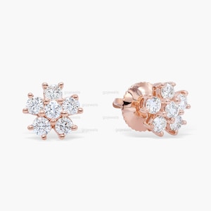 Diamond Flower Studs, Rose Gold Diamond Studs Earring, Diamond Cluster Earring, Minimalist Stud Earrings, Flower Stud Earrings, Gift For Her