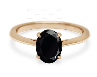 Oval Cut Black Spinel Ring, 14k Solid Gold Ring, Oval Black Spinel Anniversary Ring, Solitaire Ring, Black Diamond Alternative, Promise Ring