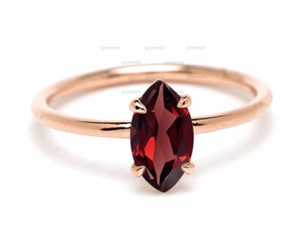 Solitaire Natural Gemstone Ring, Marquise Red Garnet Ring, Rose Gold Engagement Ring, January Birthstone, Anniversary Gift, Statement Ring